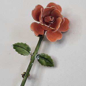 *4/$20* Red rose brooch with green stem and leaves in gold tone